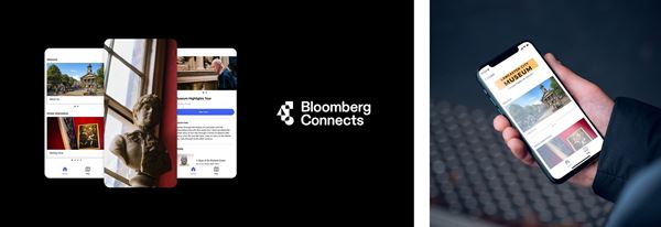 photos of a person holding a mobile phone with the Bloomberg guide to the City museum on screen, alongside other images from the app.